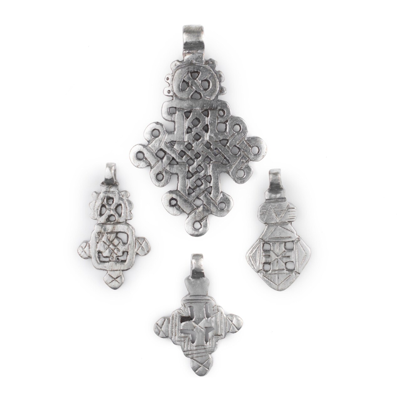 The Bead Chest 4 Pack: Ethiopian Silver Coptic Cross Pendants African White Metal Large Hole Handmade